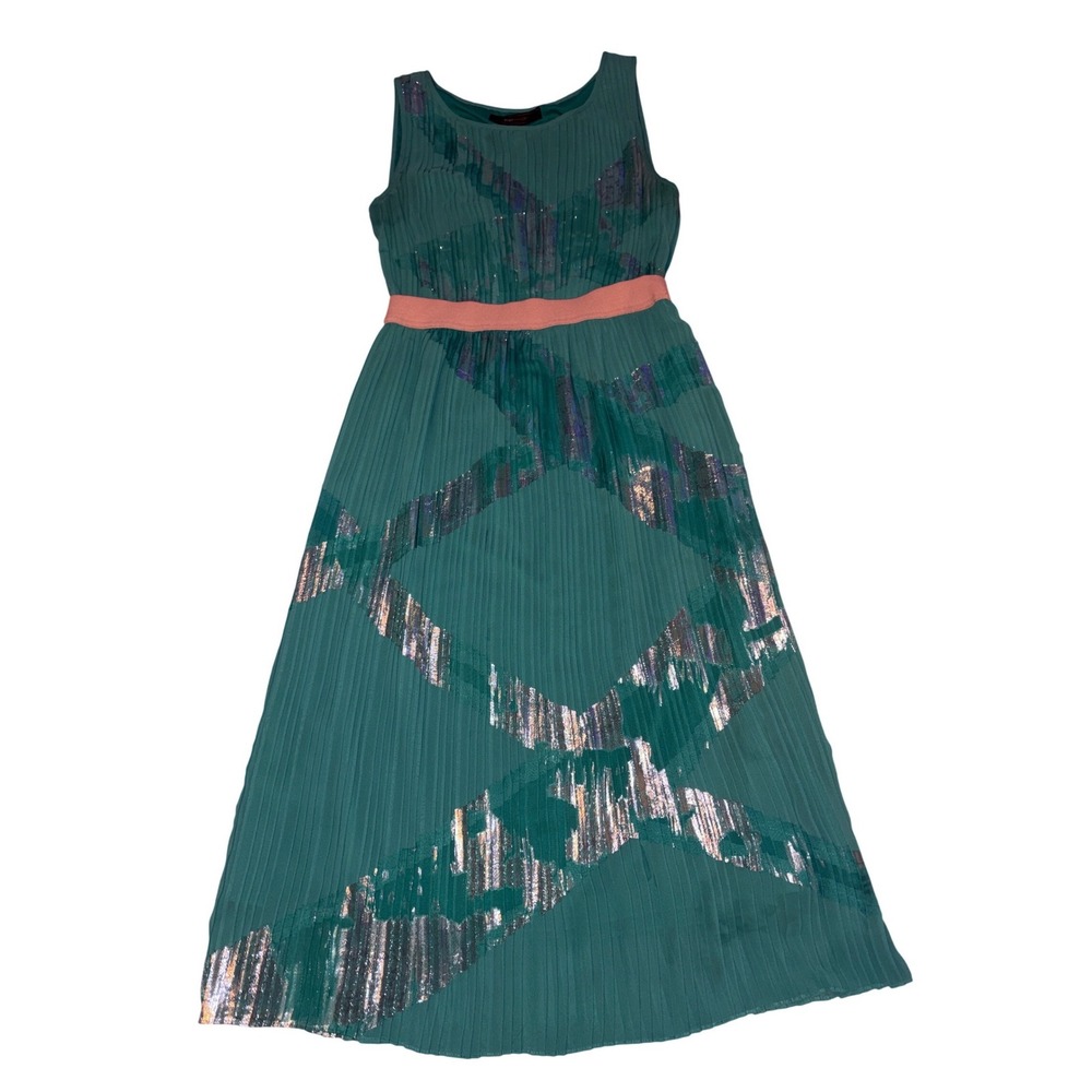BCBGMAXAZRIA Zariah Womens‎ Sea Green Pleated Metallic Midi Dress XS